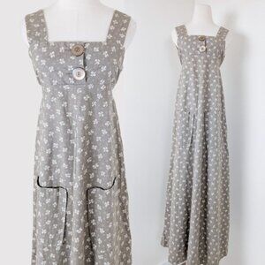 Vintage Floral Maxi Dress Empire Waist Sleeveless Floor Length Belted Neutral